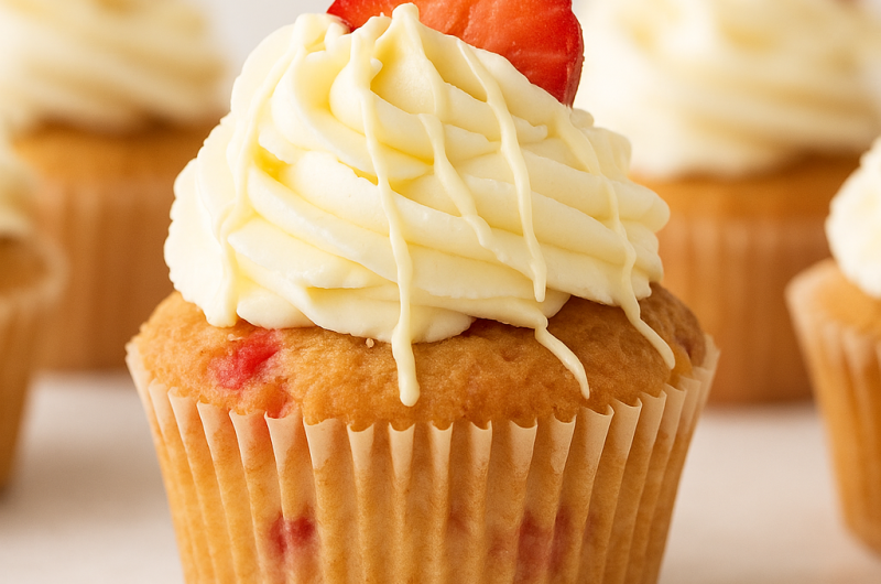 White Chocolate Strawberry Almond Cupcakes